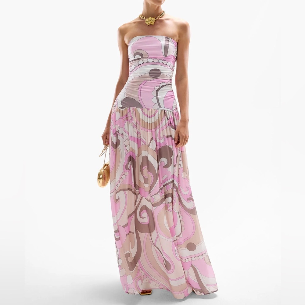Strapless Pink Patterned Maxi Dress